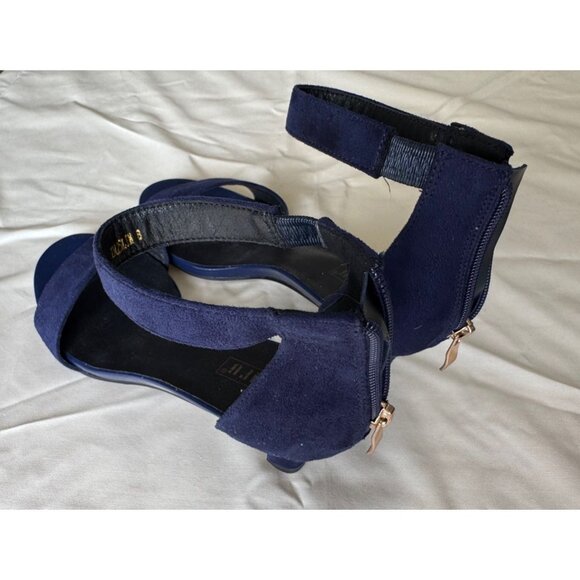 Navy Blue Suede Open-Toe Ankle Strap Sandals With Back Zipper - Picture 3 of 6